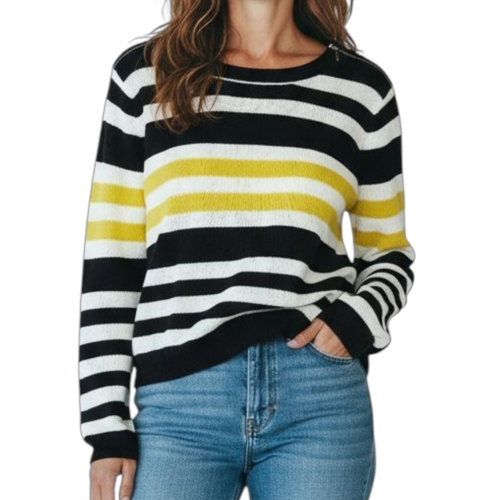 FOREVER 21 Cotton Ramie Striped Sweater Black Crewneck Shoulder Zip Women Medium